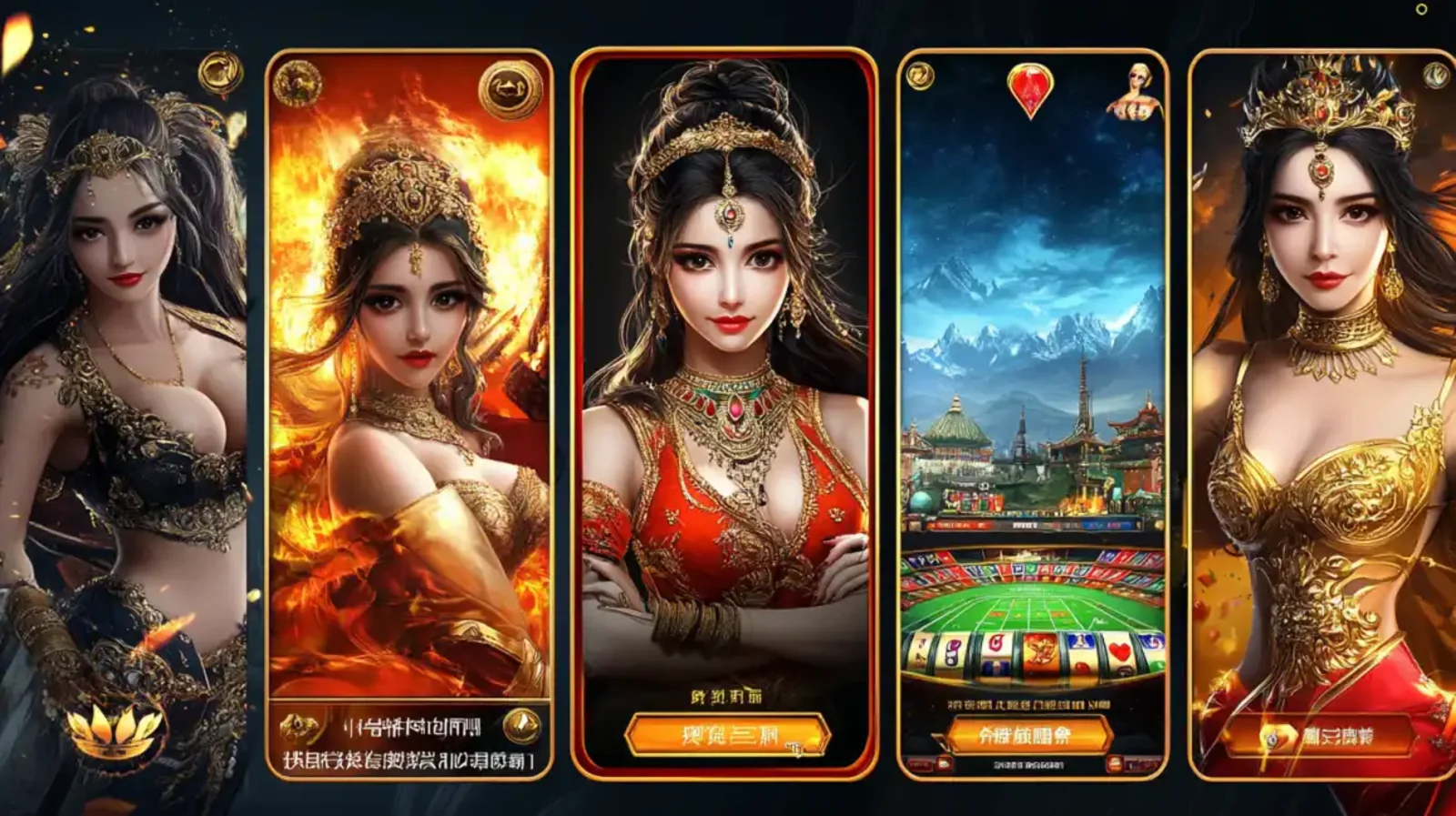 Compilação de telas de um jogo de caça-níqueis do Waybet com tema de fantasia indiana, destacando personagens femininas com joias e trajes elaborados em cenários místicos.