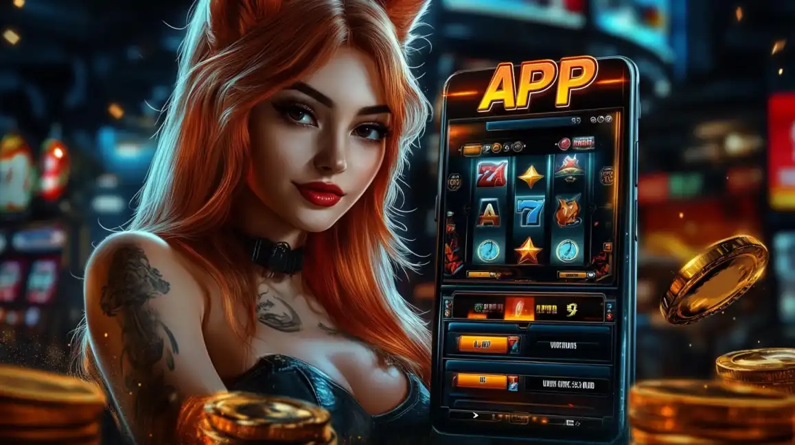 Garota ruiva com tatuagens e orelhas de gato apresentando o aplicativo móvel do cassino Waybet em um smartphone, com um jogo de caça-níqueis clássico com símbolos de 7 e estrelas.