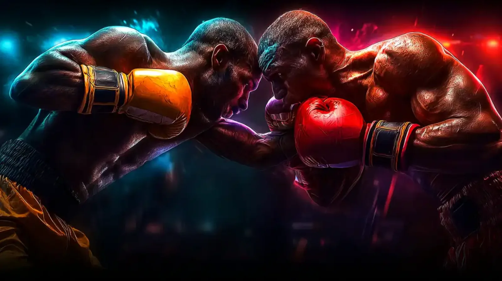 Dois boxeadores musculosos em um confronto intenso, testa com testa, em um ringue de boxe com luzes azuis e vermelhas. Aposte nos maiores eventos de luta com as melhores odds no Waybet.