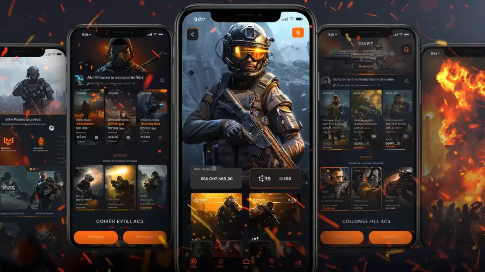 Múltiplas telas de um aplicativo de apostas em eSports do Waybet, com soldados futuristas e uma interface de jogo de tiro para apostar em suas equipes e torneios favoritos.