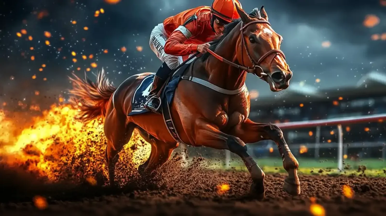 Jóquei montando um cavalo de corrida em alta velocidade em uma pista com faíscas de fogo, simbolizando a emoção e a adrenalina das apostas em corridas de cavalos na plataforma Waybet.
