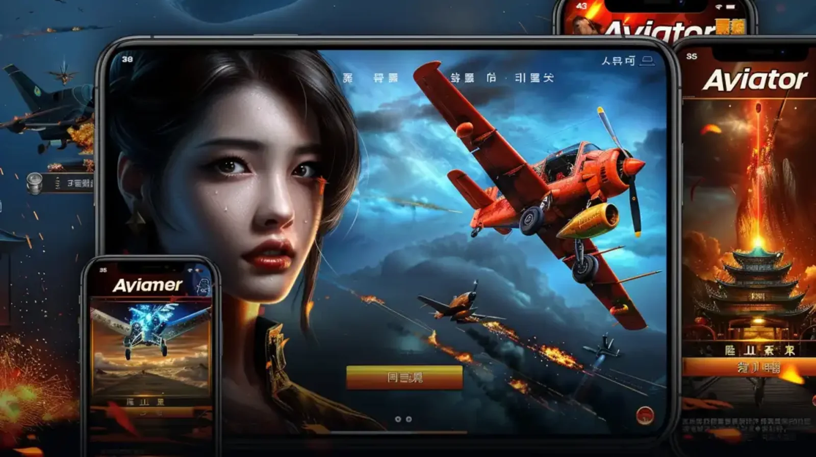 Montagem do jogo Aviator em múltiplos dispositivos, como tablet e celular, com uma personagem feminina em primeiro plano e um avião vermelho em ação. Jogue no cassino Waybet a qualquer hora.