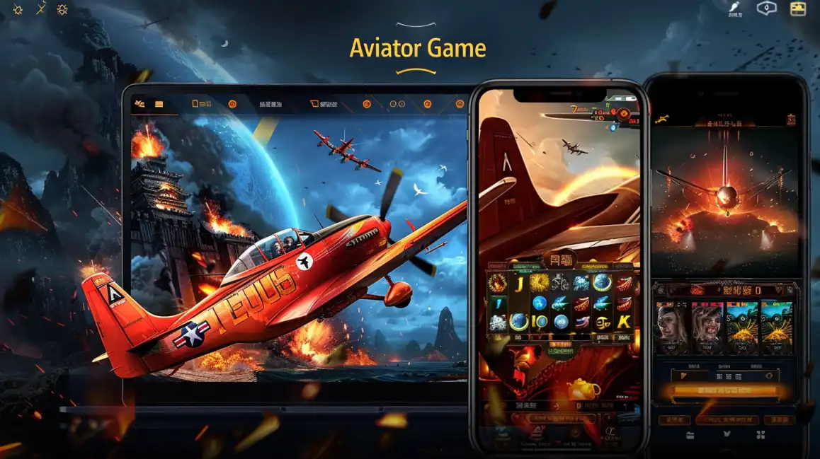O popular jogo de cassino Aviator Game exibido em um laptop e smartphone, mostrando um avião vermelho voando em um cenário de batalha. Jogue e ganhe multiplicadores incríveis no Waybet.