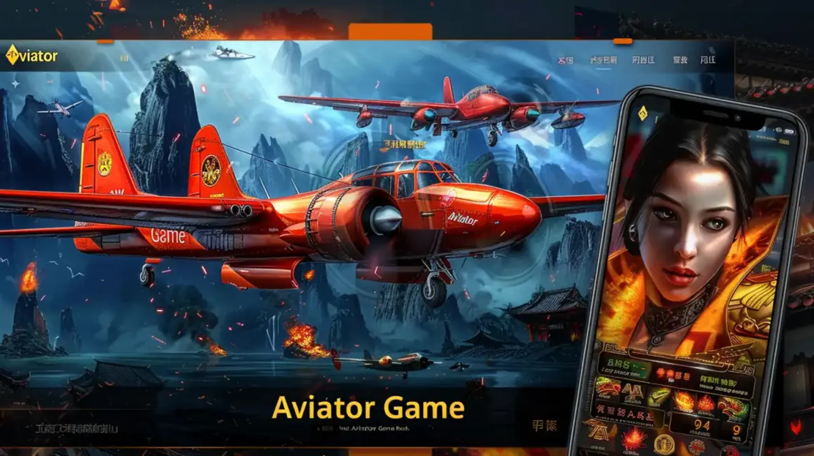 Interface do Aviator Game do Waybet com aviões vermelhos sobrevoando montanhas e templos asiáticos, com um smartphone em destaque mostrando um jogo de slot temático do cassino.