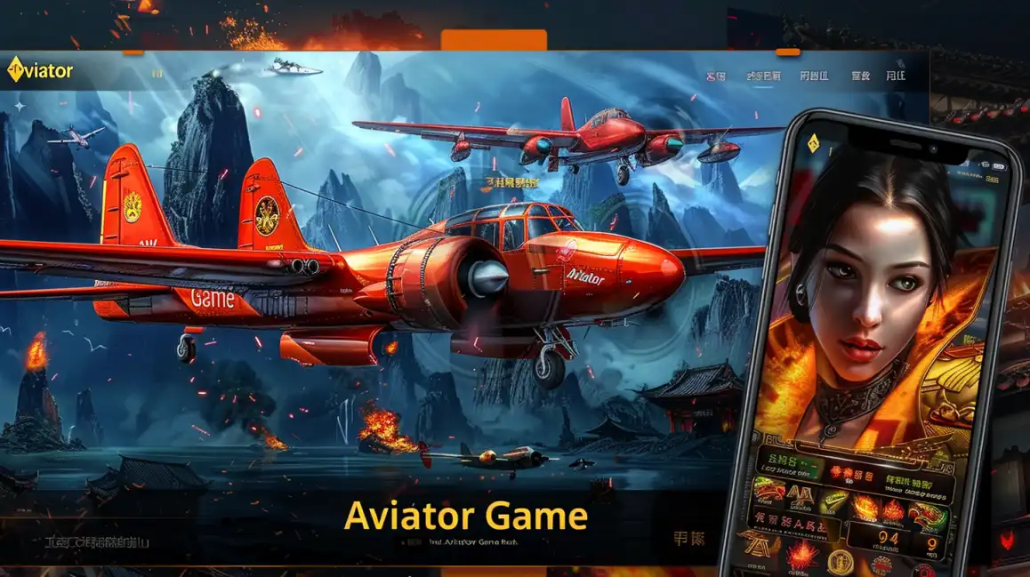 Interface do Aviator Game do Waybet com aviões vermelhos sobrevoando montanhas e templos asiáticos, com um smartphone em destaque mostrando um jogo de slot temático do cassino.