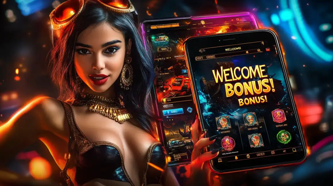 Mulher estilosa com óculos de proteção mostrando a tela de um smartphone com a oferta de Welcome Bonus! do aplicativo de cassino Waybet para novos jogadores se registrarem.