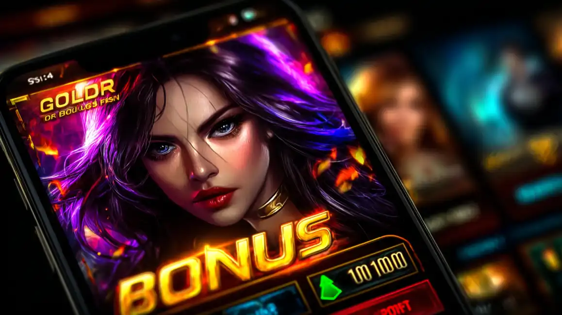 Close-up da tela de um celular exibindo a rodada de BONUS de um jogo de slot do Waybet, com uma personagem feminina de cabelo roxo e gráficos vibrantes de energia.