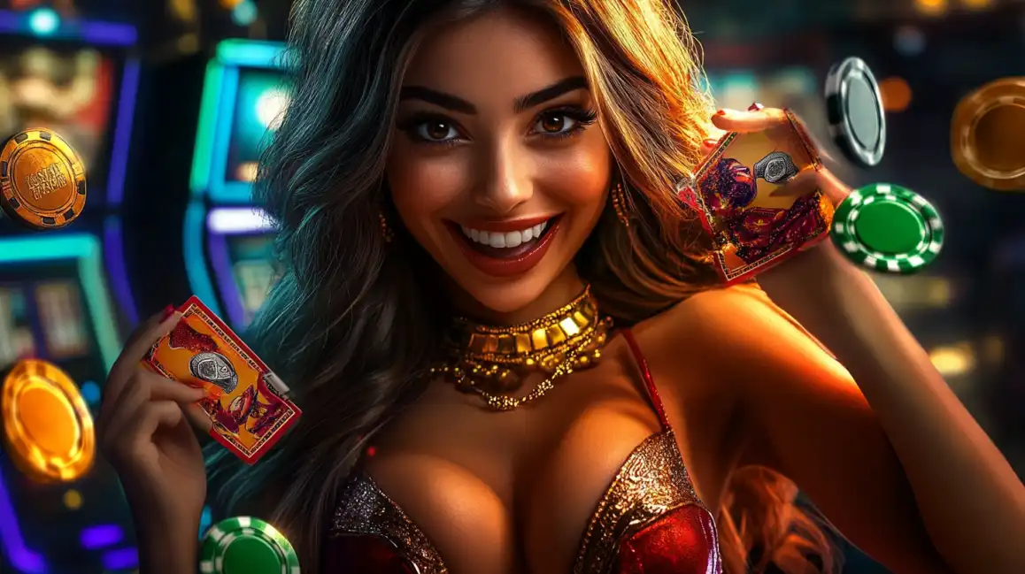 Mulher sorridente e glamorosa com um colar de ouro segurando cartas de jogo em um ambiente de cassino vibrante do Waybet, cercada por fichas coloridas e luzes de caça-níqueis.