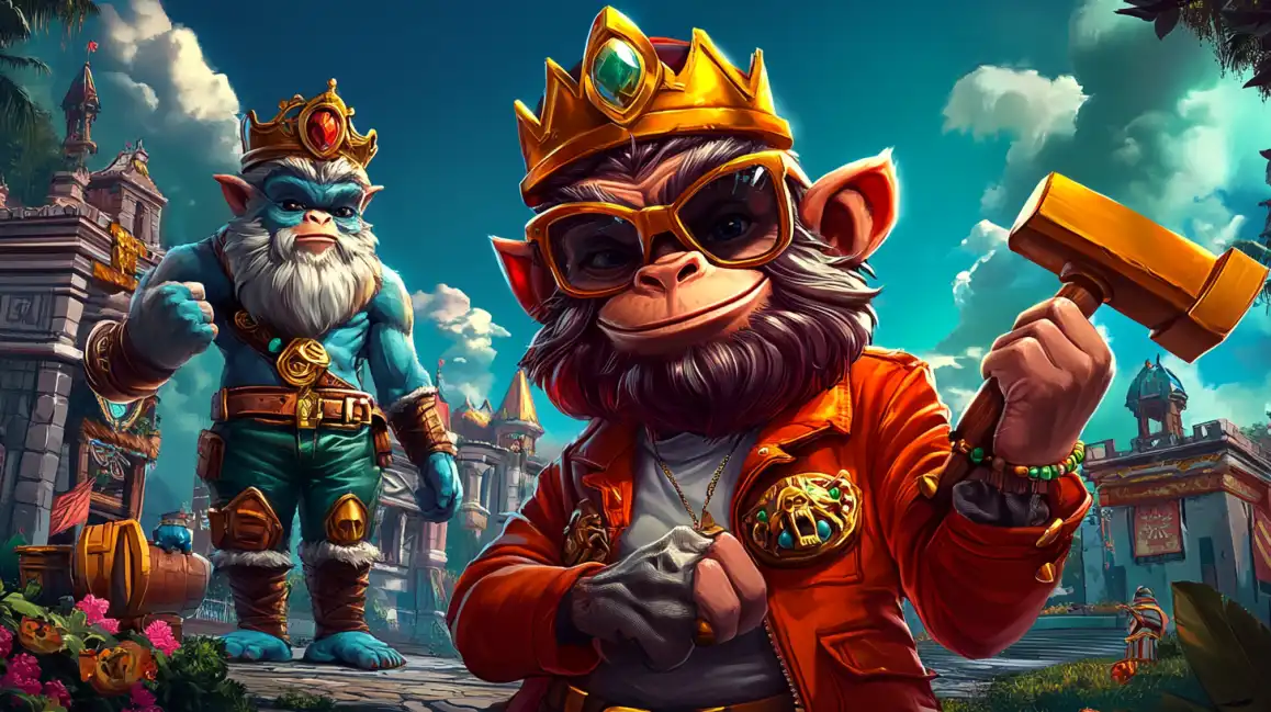 Dois macacos reis estilosos, um com óculos e coroa, em um cenário de reino de fantasia, representando um dos jogos de slot de aventura disponíveis para jogar no cassino online Waybet.