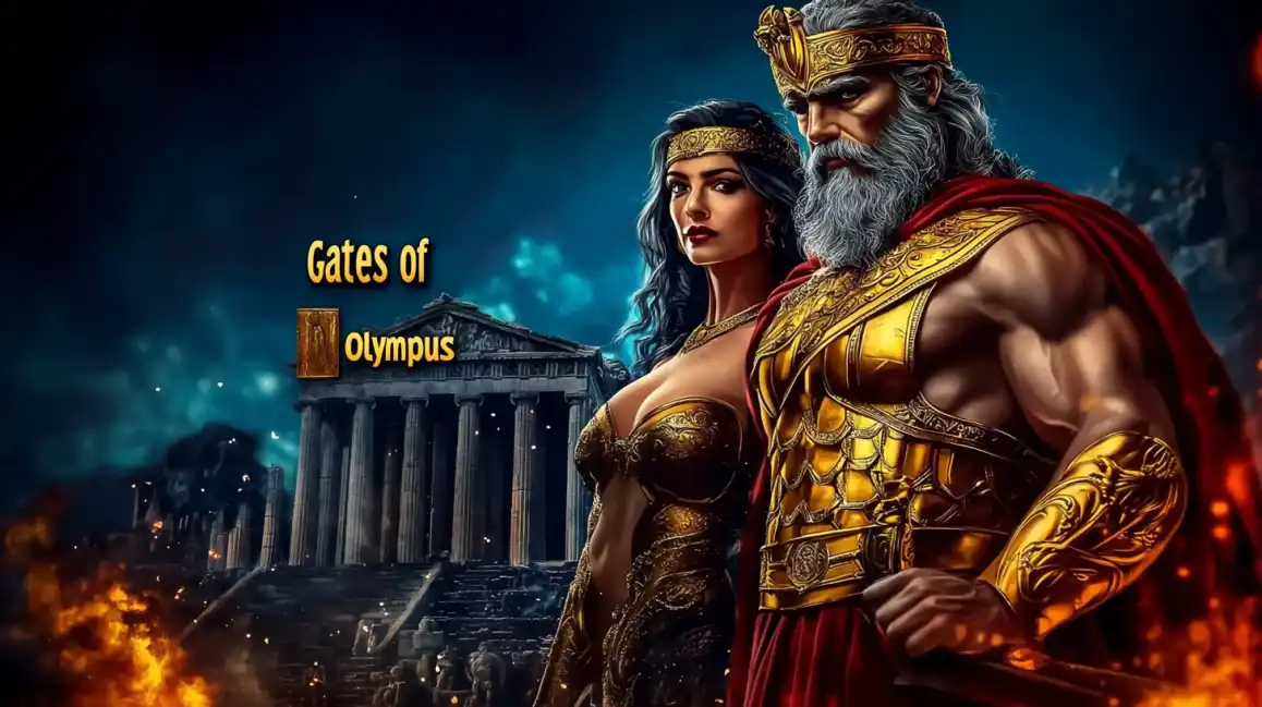 O deus grego Zeus e uma deusa em frente a um templo antigo na imagem do épico jogo de slot Gates of Olympus, oferecendo ganhos divinos aos jogadores do cassino Waybet.
