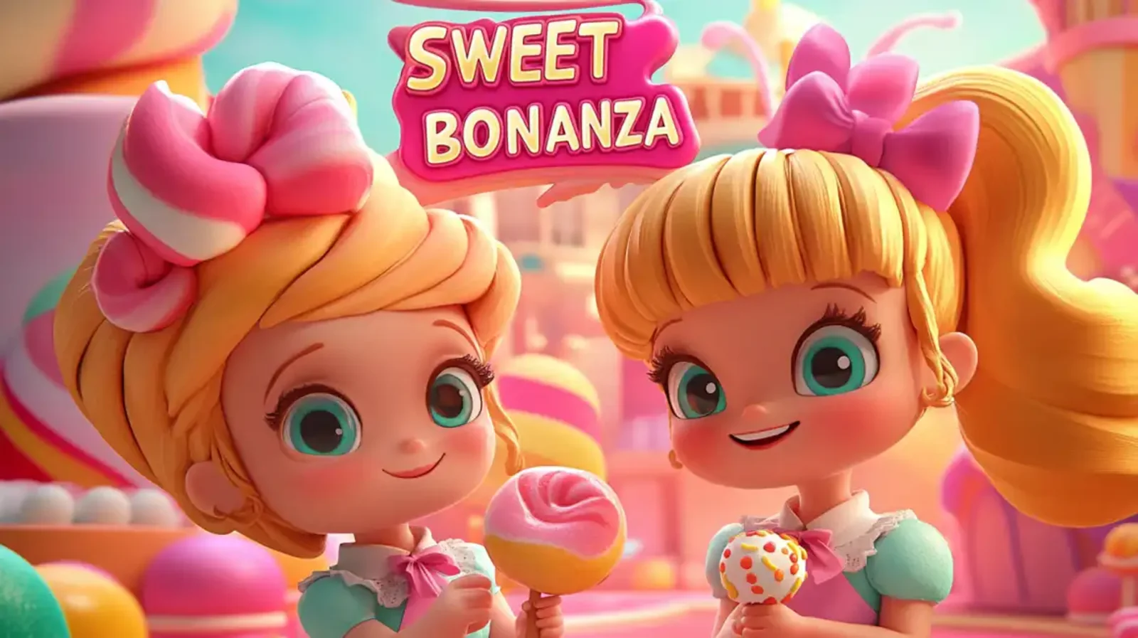 Duas garotas de desenho animado em um mundo colorido feito de doces, representando o delicioso e popular jogo de caça-níqueis Sweet Bonanza que você pode jogar no Waybet.
