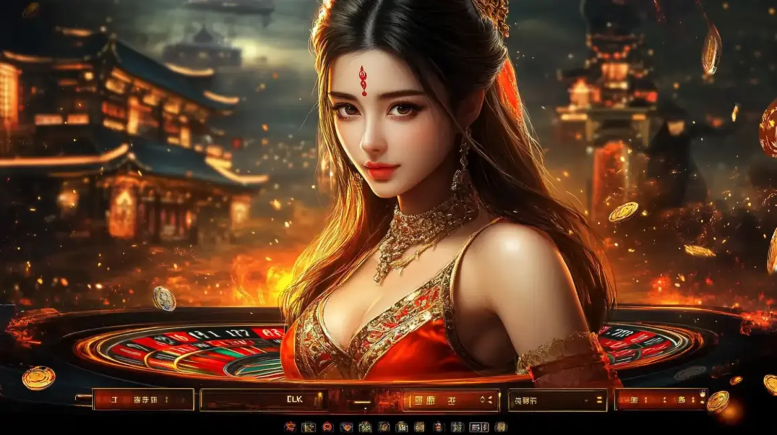 Mulher com trajes tradicionais asiáticos em frente a uma mesa de roleta brilhante no cassino online Waybet, com um cenário de templos e moedas douradas caindo.