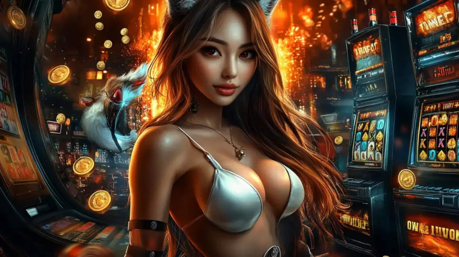 Mulher com orelhas de raposa em um ambiente de cassino vibrante do Waybet, cercada por máquinas caça-níqueis, moedas douradas e chamas, pronta para a sorte grande nos jogos.