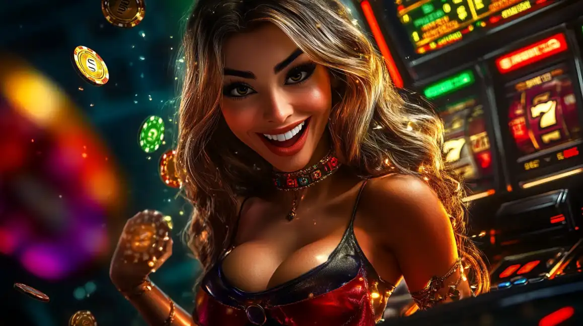 Mulher sorrindo de felicidade em frente a uma máquina caça-níqueis no cassino Waybet, com moedas douradas flutuando ao seu redor e o símbolo 777 visível, celebrando uma grande vitória.