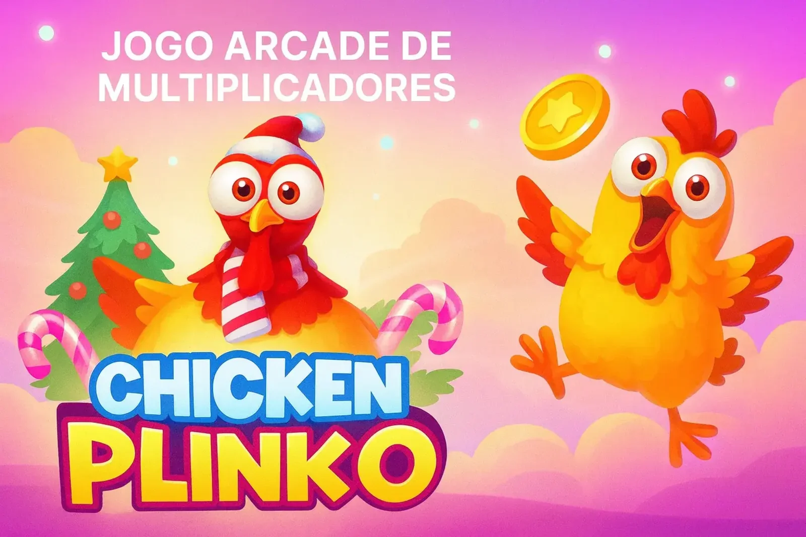 Colorful arcade-style Chicken Plinko game with cartoon chickens, flying coins, and multiplier gameplay