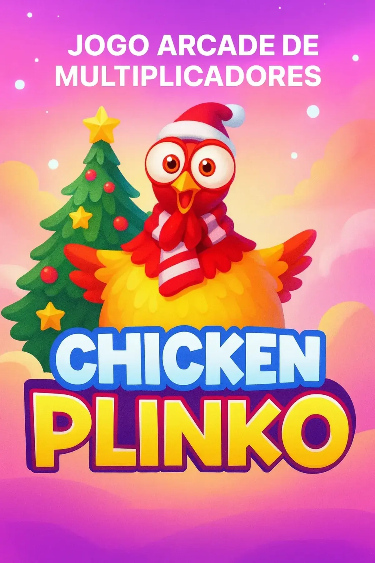 Festive Chicken Plinko arcade game with cartoon chicken, holiday theme, and multiplier mechanics
