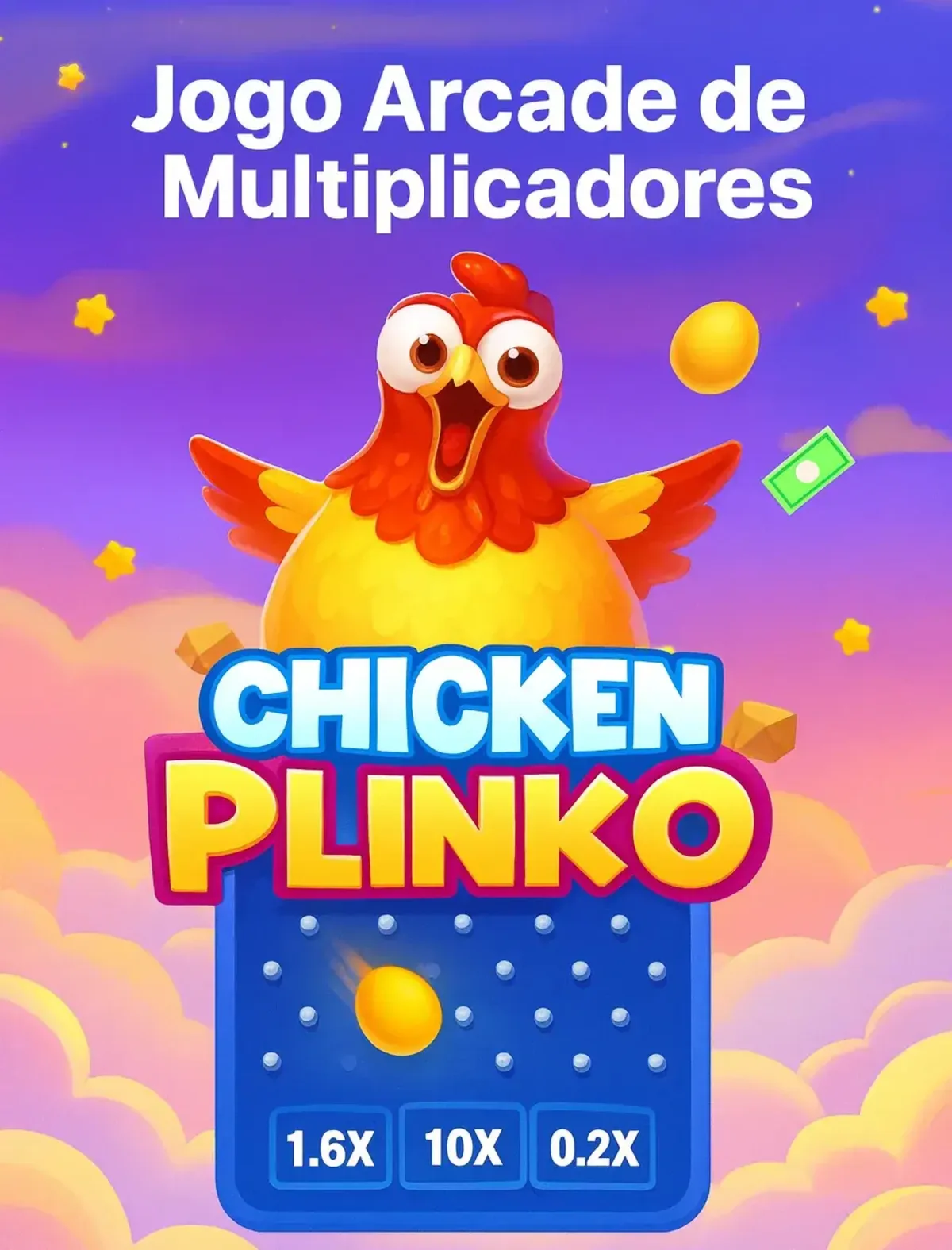 Chicken Plinko gameplay screen showing falling coin, pegs, and multiplier values in a bright arcade design