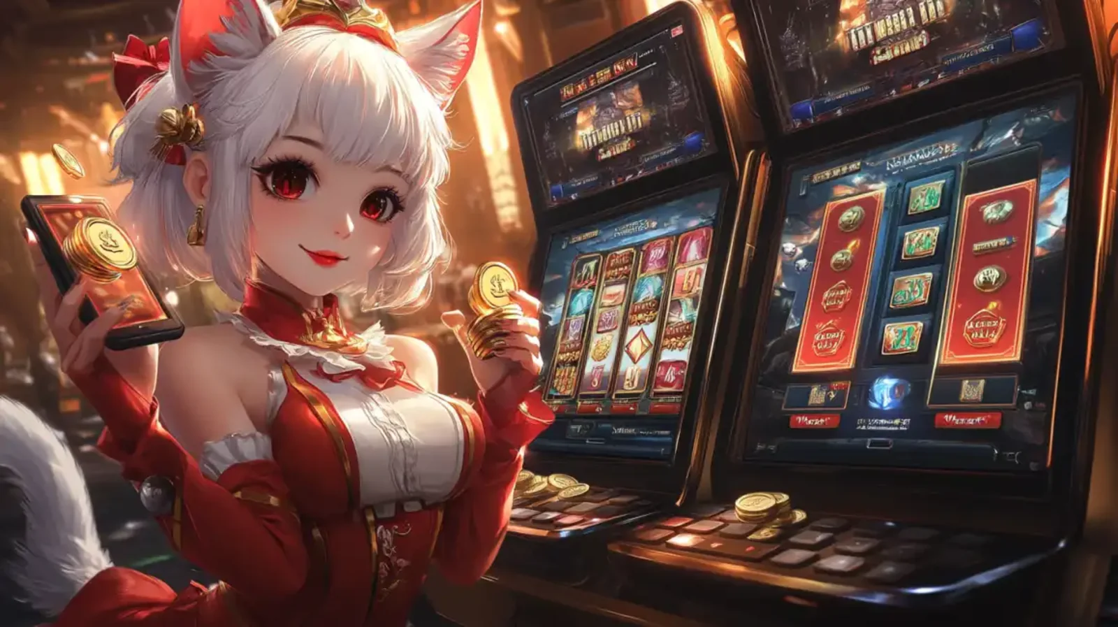 Personagem de anime com orelhas de raposa e vestido vermelho jogando em máquinas caça-níqueis no cassino Waybet, segurando moedas de ouro e um celular com o aplicativo de jogos.