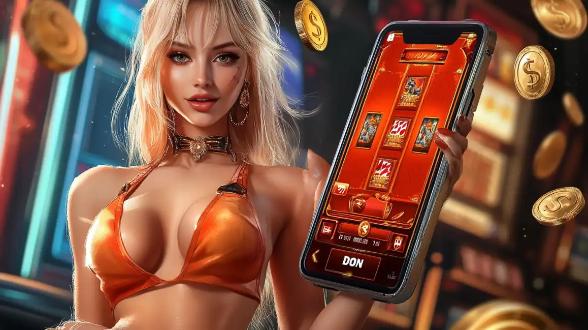 Mulher loira de biquíni laranja segurando um smartphone que exibe um jogo de caça-níqueis do Waybet, com moedas de dólar douradas flutuando em um ambiente de cassino vibrante.