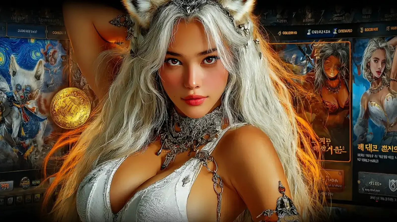 Mulher com longos cabelos brancos e orelhas de lobo, usando uma joia de prata elaborada, em frente a uma tela de jogo de caça-níqueis do cassino online Waybet, com moedas douradas brilhando ao seu redor.