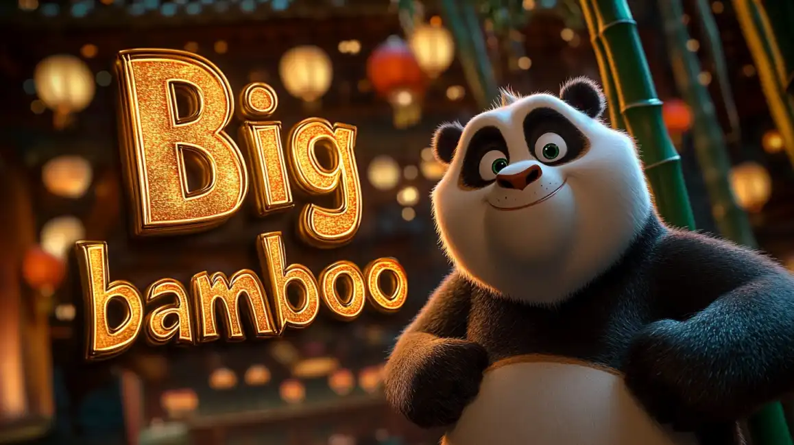 Panda de animação 3D ao lado do logotipo dourado do jogo de slot Big Bamboo do cassino Waybet, em um cenário temático com bambus e lanternas chinesas, convidando para uma aventura.