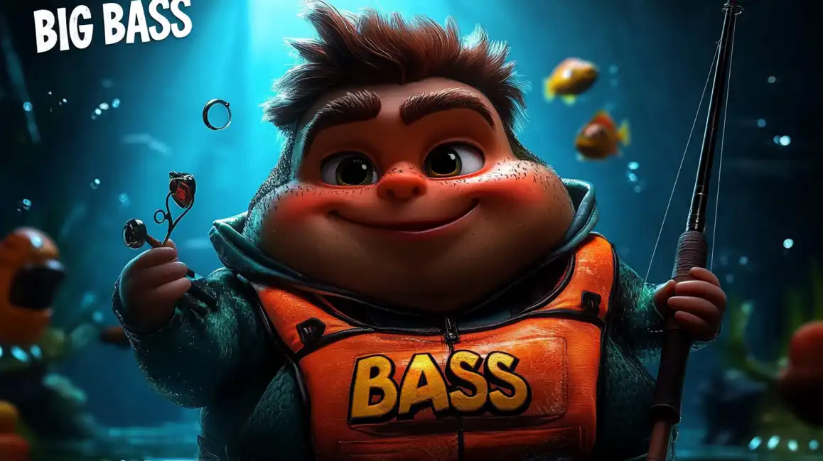 Pescador de desenho animado submerso na água, sorrindo e segurando uma vara de pescar no jogo de slot Big Bass, disponível para grandes pescarias de prêmios no cassino Waybet.