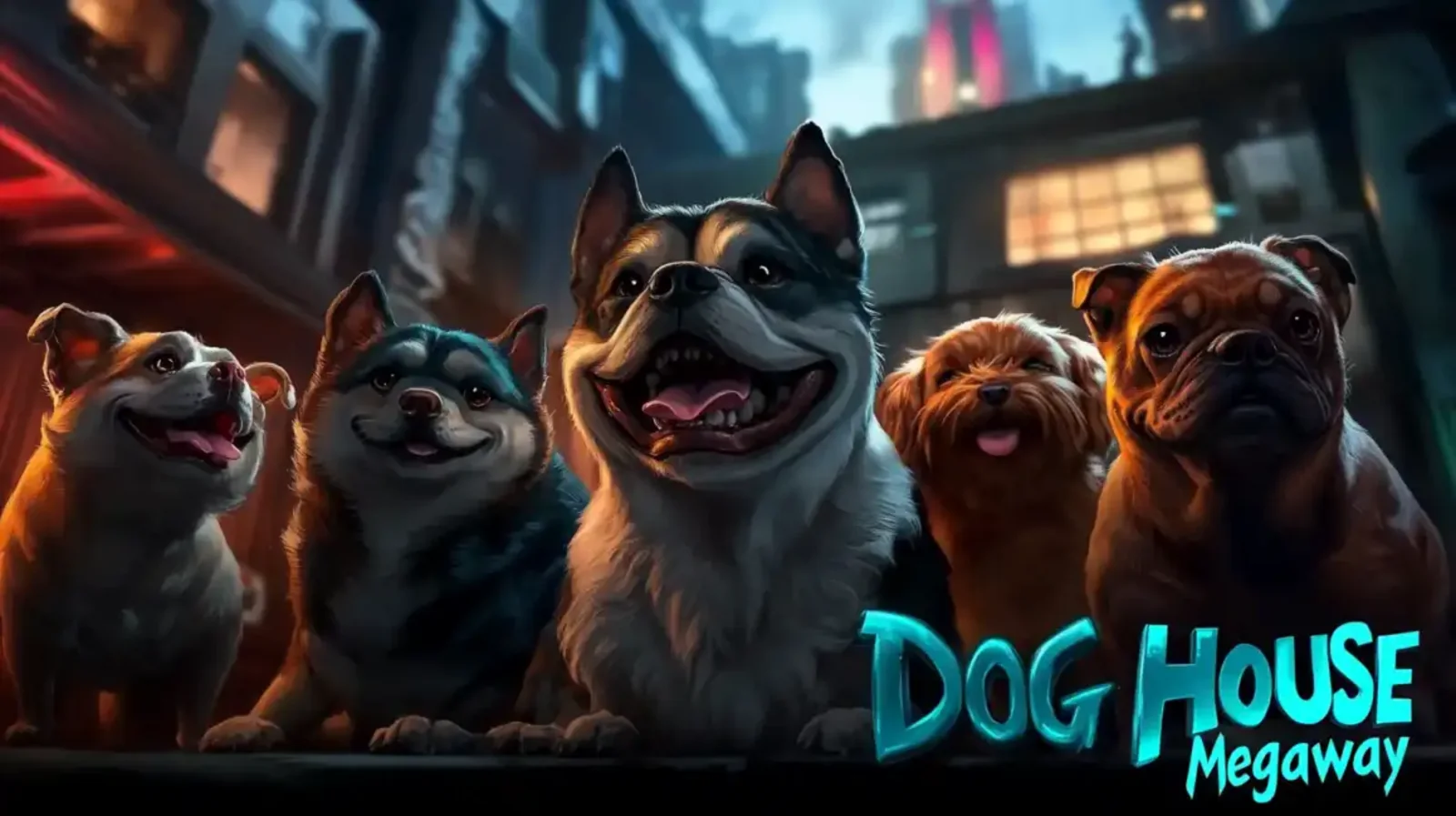 Um grupo de cães animados, incluindo um rottweiler e um pug, sorrindo na imagem promocional do jogo de caça-níqueis Dog House Megaways, um dos favoritos do cassino Waybet.