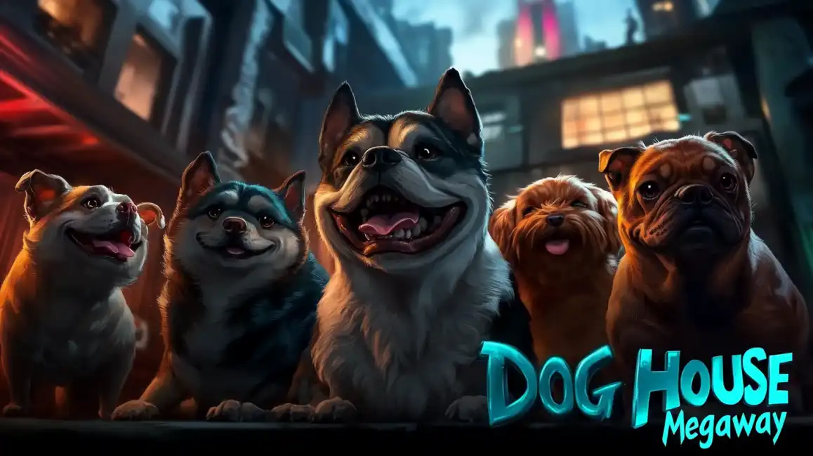 Um grupo de cães animados, incluindo um rottweiler e um pug, sorrindo na imagem promocional do jogo de caça-níqueis Dog House Megaways, um dos favoritos do cassino Waybet.