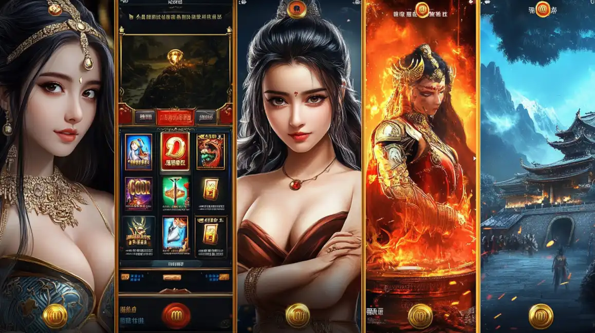 Montagem de telas do aplicativo de jogo de cassino móvel do Waybet com tema de fantasia asiática, mostrando belas personagens, rolos de caça-níqueis e a interface do jogo.