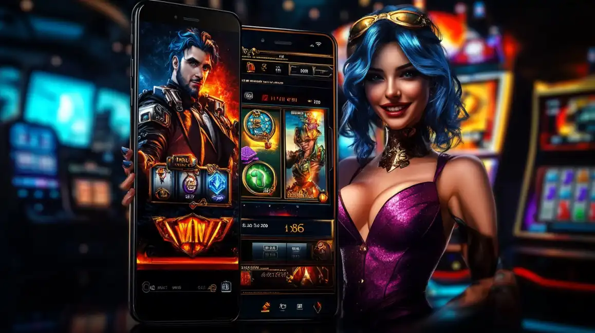 Mulher sorridente com cabelo azul ao lado de um smartphone exibindo a interface do aplicativo de cassino Waybet, com diversos jogos de slots de fantasia e personagens místicos.