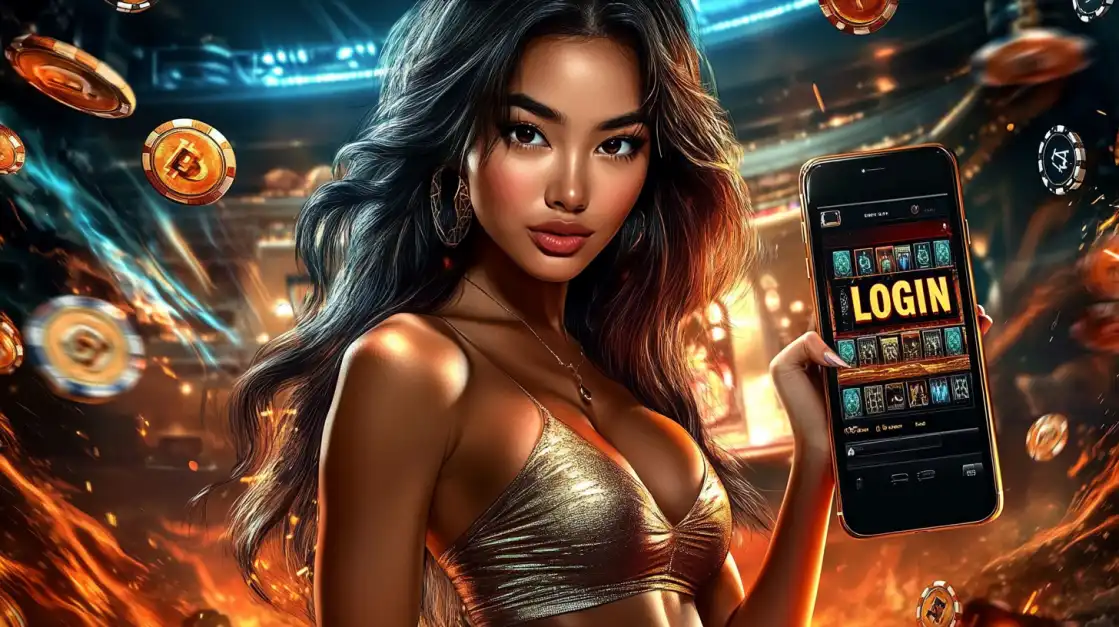 Mulher de cabelos escuros em um cenário de cassino com fogo e moedas de cripto, mostrando a tela de login do aplicativo de caça-níqueis do Waybet em seu celular para começar a jogar.