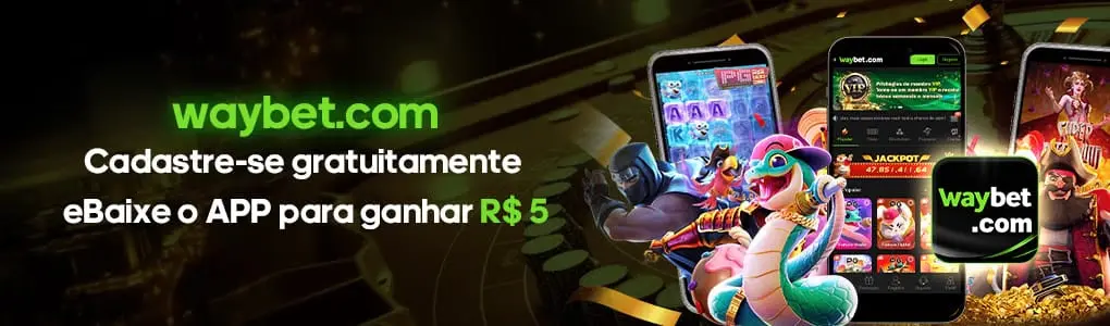 Banner promocional da Waybet oferecendo um bônus de R$5 para quem se cadastrar gratuitamente e baixar o aplicativo. A imagem mostra vários smartphones exibindo a interface do cassino online.