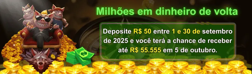 Banner de promoção de cashback do cassino Waybet com personagens de porcos e lobos. Anuncia a chance de receber até R55.555aodepositarR50 durante o mês de setembro.
